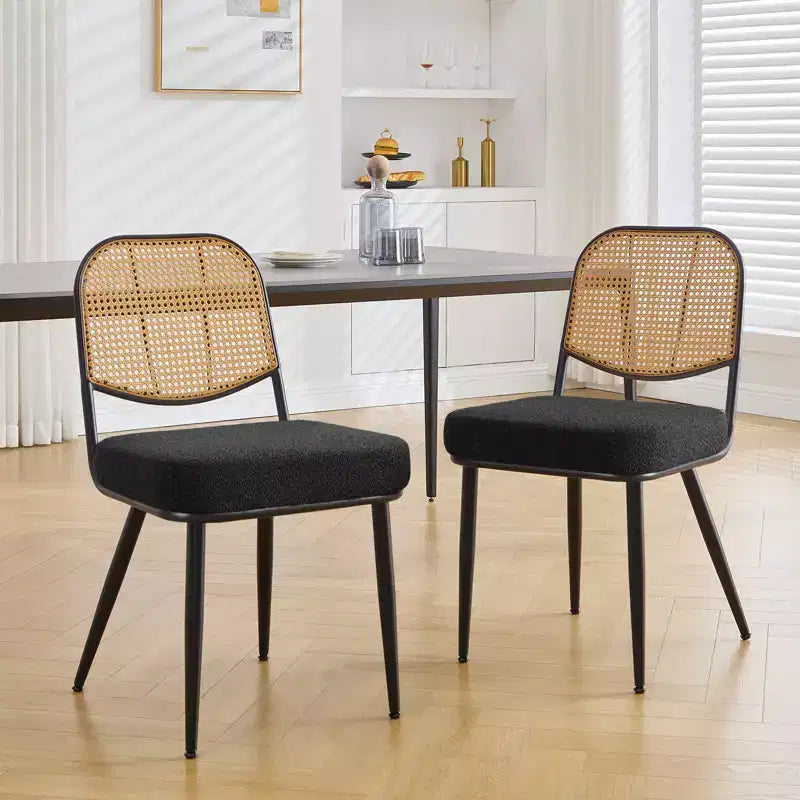 Bekrvio Rattan Dining Chairs Set of 2 - Mid Century Modern Boucle Upholstered Cane Back Side Chairs with Metal Legs for Kitchen