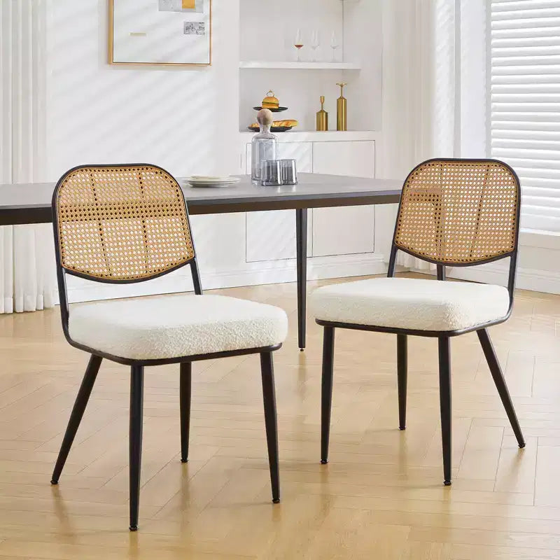 Bekrvio Rattan Dining Chairs Set of 2 - Mid Century Modern Boucle Upholstered Cane Back Side Chairs with Metal Legs for Kitchen