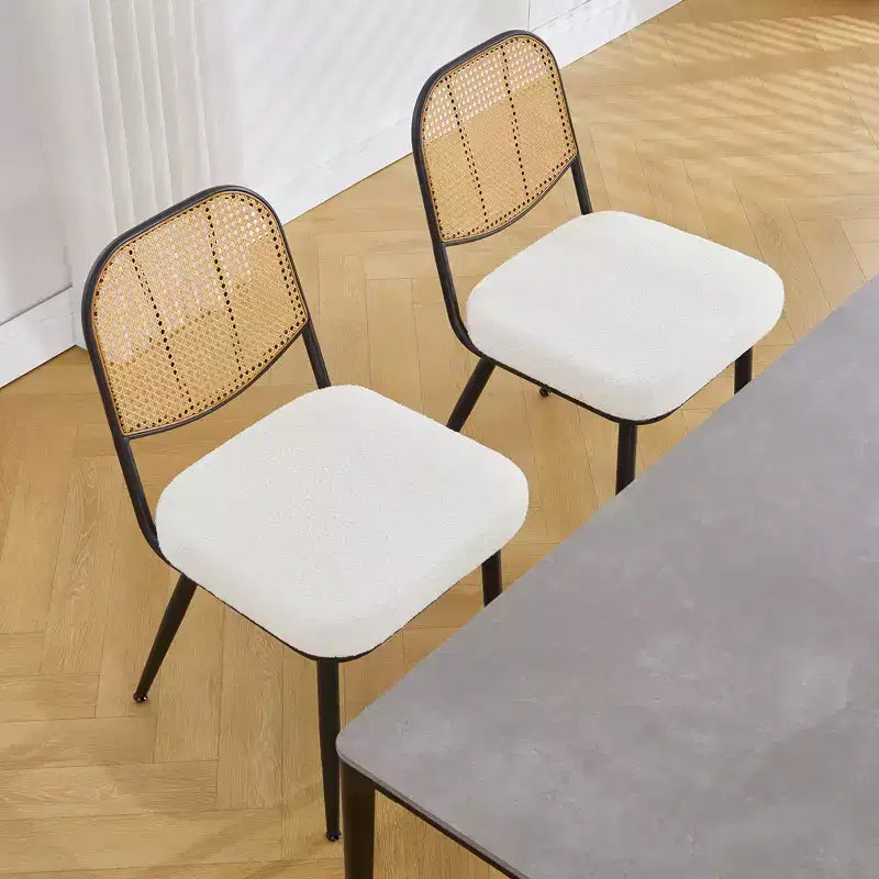 Bekrvio Rattan Dining Chairs Set of 2 - Mid Century Modern Boucle Upholstered Cane Back Side Chairs with Metal Legs for Kitchen