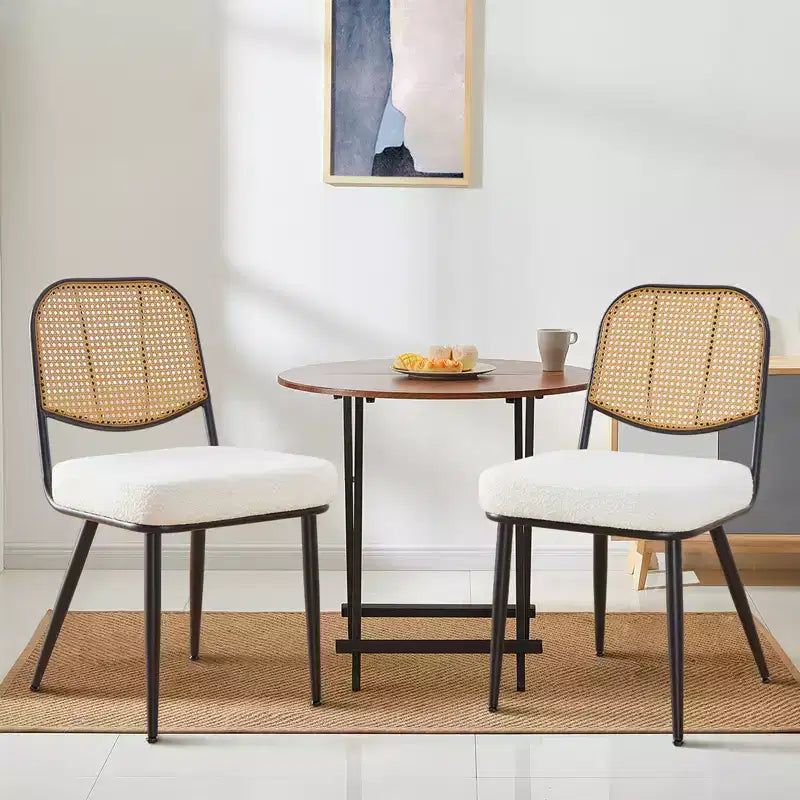 Bekrvio Rattan Dining Chairs Set of 2 - Mid Century Modern Boucle Upholstered Cane Back Side Chairs with Metal Legs for Kitchen