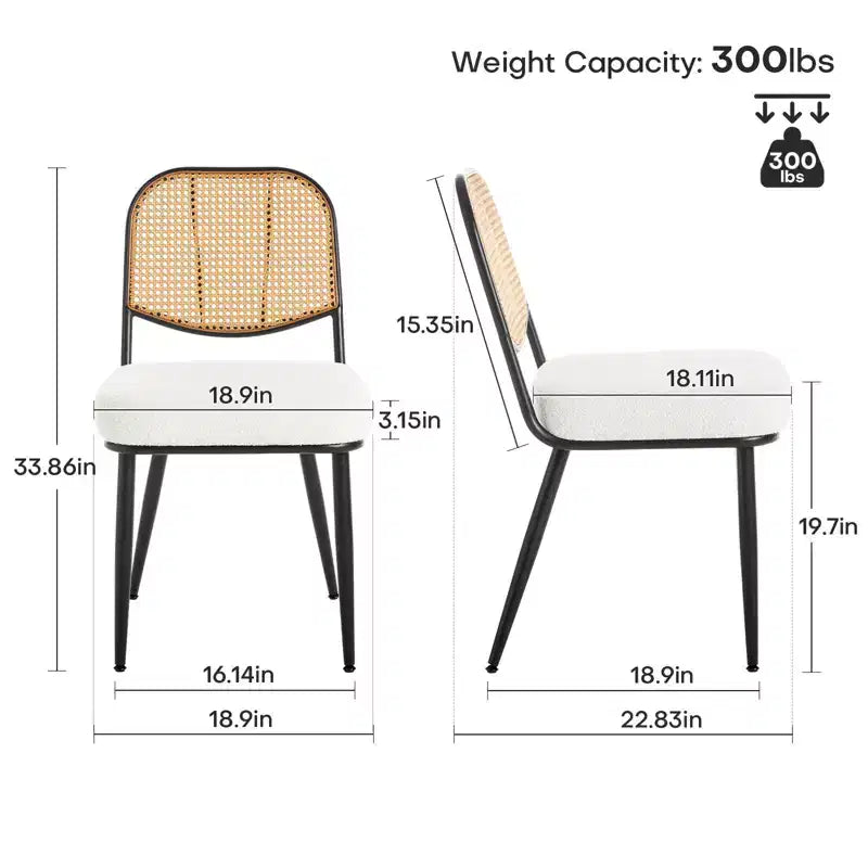 Bekrvio Rattan Dining Chairs Set of 2 - Mid Century Modern Boucle Upholstered Cane Back Side Chairs with Metal Legs for Kitchen