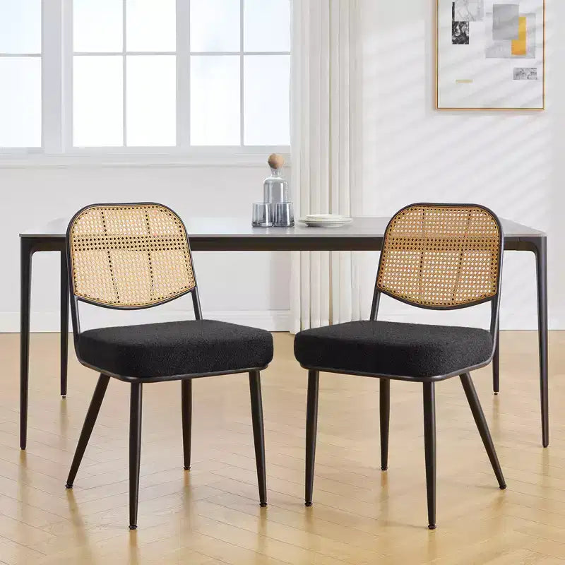 Bekrvio Rattan Dining Chairs Set of 2 - Mid Century Modern Boucle Upholstered Cane Back Side Chairs with Metal Legs for Kitchen
