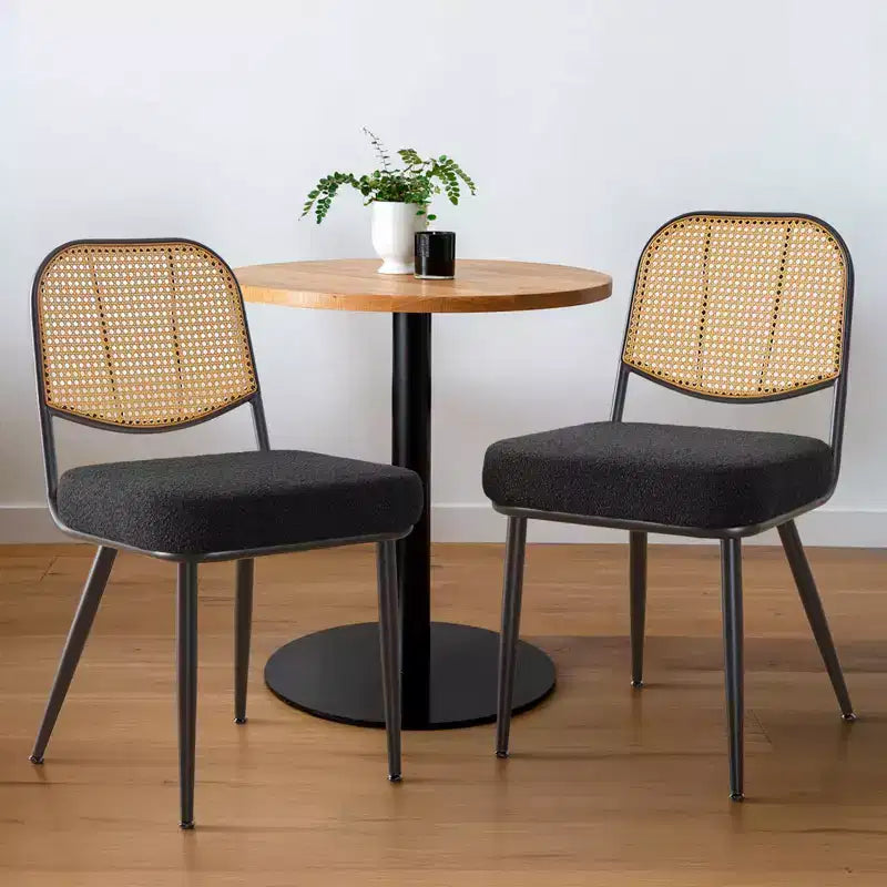 Bekrvio Rattan Dining Chairs Set of 2 - Mid Century Modern Boucle Upholstered Cane Back Side Chairs with Metal Legs for Kitchen