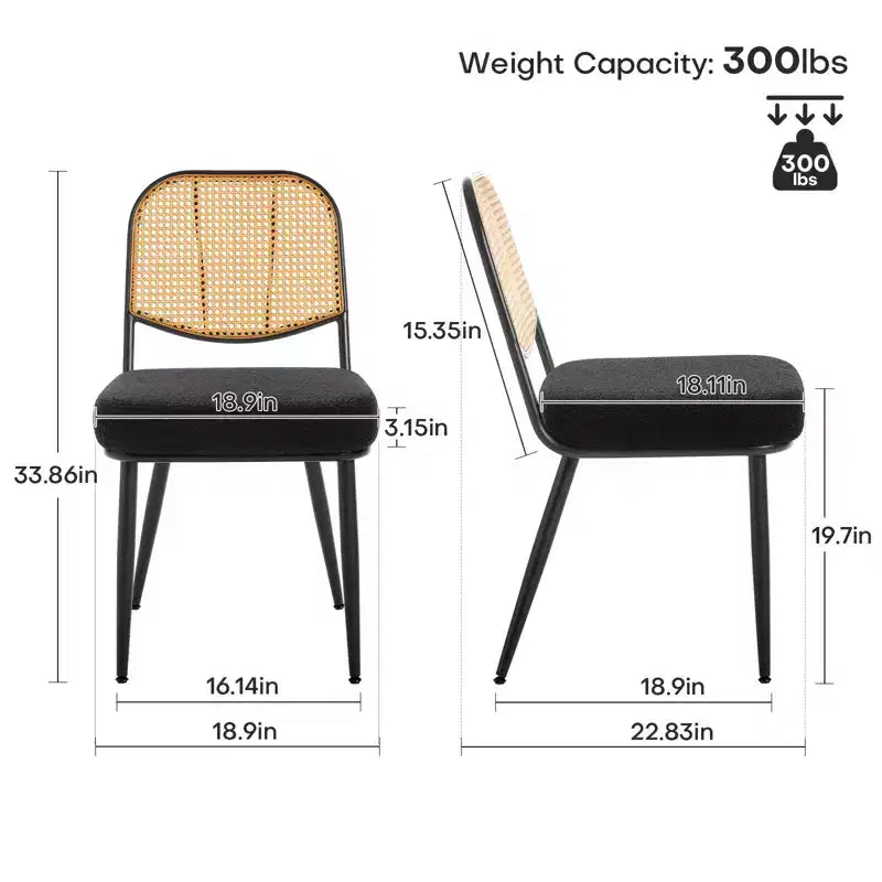 Bekrvio Rattan Dining Chairs Set of 2 - Mid Century Modern Boucle Upholstered Cane Back Side Chairs with Metal Legs for Kitchen