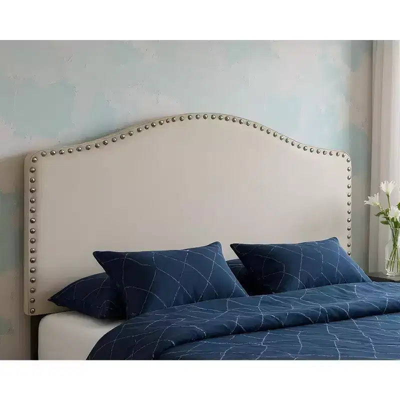 HomeRoots Beige Linen Blend Upholstered Arched Full Headboard With Nail Head Trim
