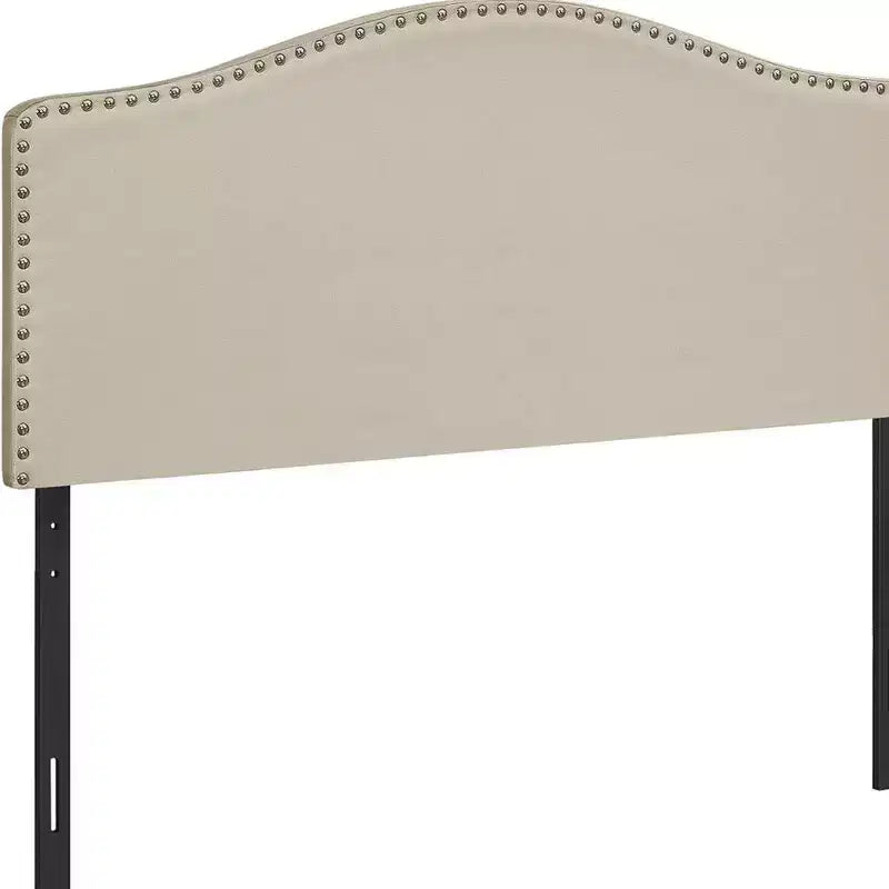 HomeRoots Beige Linen Blend Upholstered Arched Full Headboard With Nail Head Trim