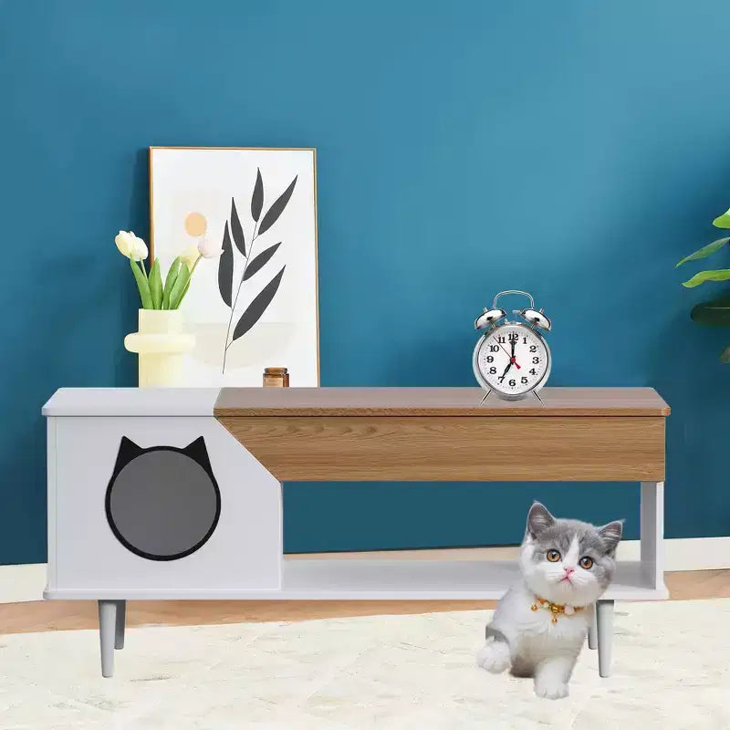 TROPOW 45'' Black Coffee Table Cat Tables Living Room with Storage Drawer, Wooden Rustic Coffee Tables with Cat House
