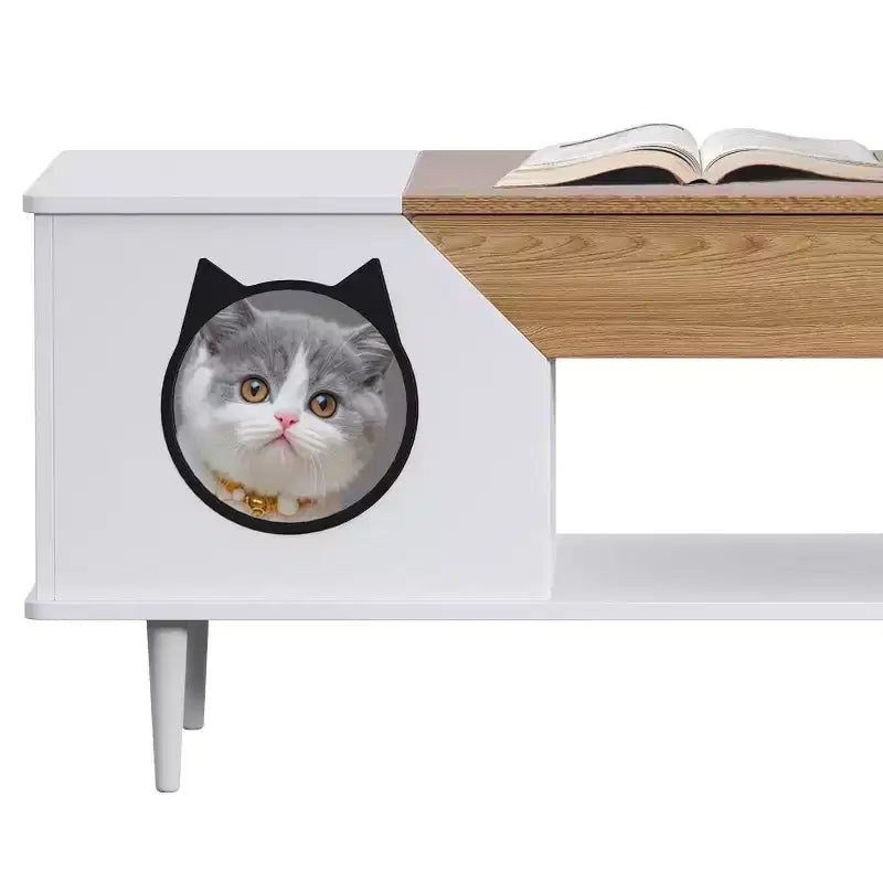 TROPOW 45'' Black Coffee Table Cat Tables Living Room with Storage Drawer, Wooden Rustic Coffee Tables with Cat House