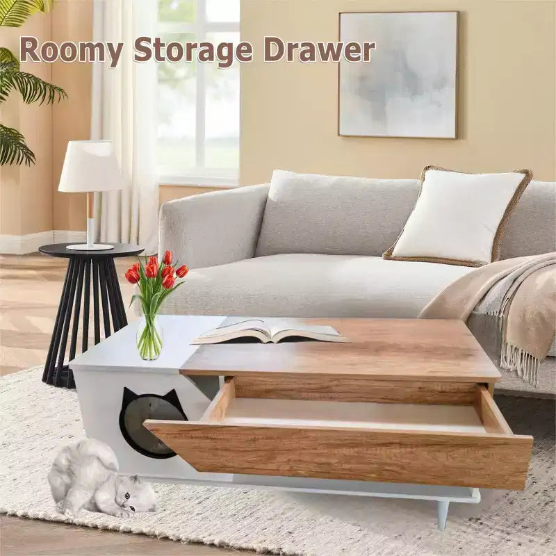 TROPOW 45'' Black Coffee Table Cat Tables Living Room with Storage Drawer, Wooden Rustic Coffee Tables with Cat House