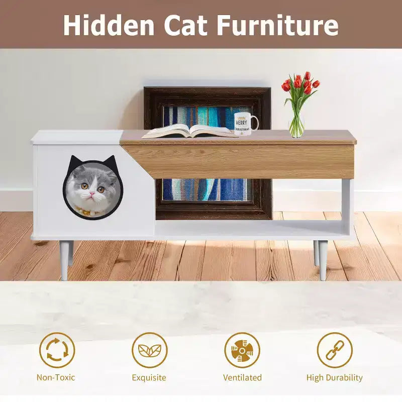 TROPOW 45'' Black Coffee Table Cat Tables Living Room with Storage Drawer, Wooden Rustic Coffee Tables with Cat House