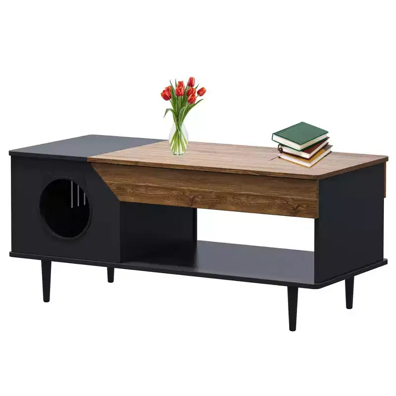 TROPOW 45'' Black Coffee Table Cat Tables Living Room with Storage Drawer, Wooden Rustic Coffee Tables with Cat House