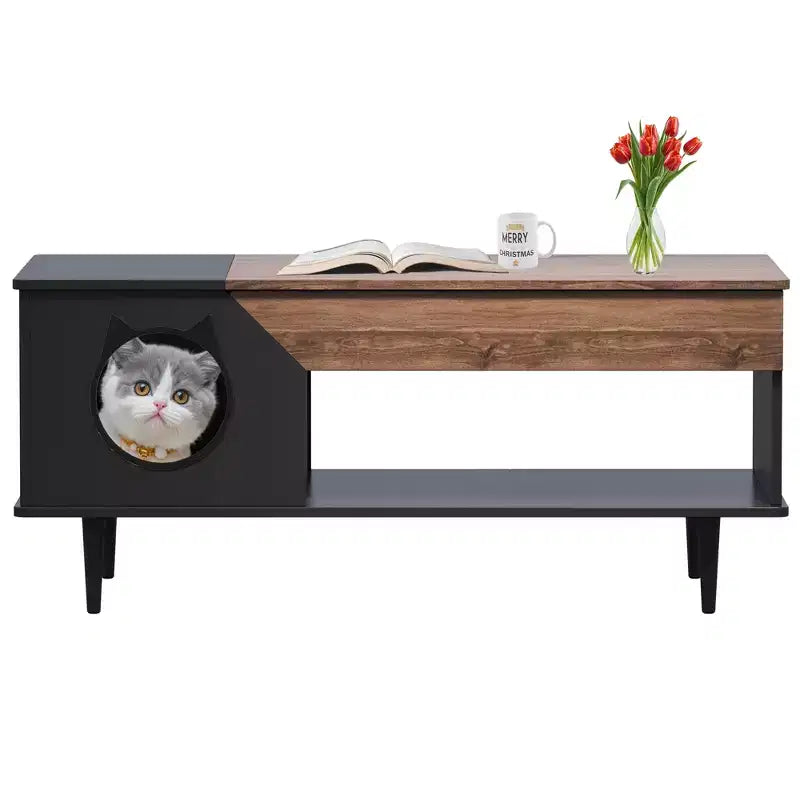 TROPOW 45'' Black Coffee Table Cat Tables Living Room with Storage Drawer, Wooden Rustic Coffee Tables with Cat House