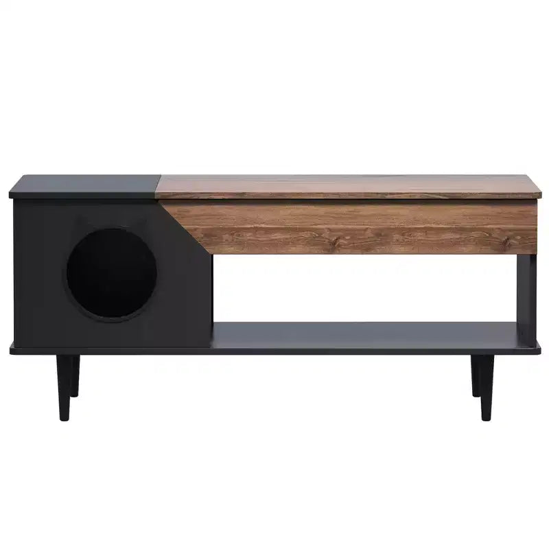 TROPOW 45'' Black Coffee Table Cat Tables Living Room with Storage Drawer, Wooden Rustic Coffee Tables with Cat House