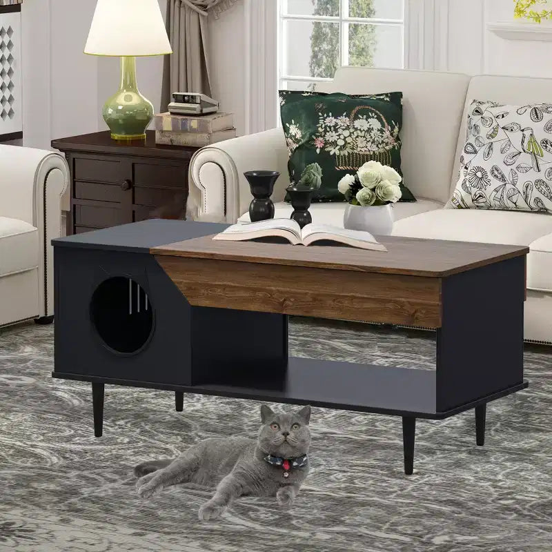 TROPOW 45'' Black Coffee Table Cat Tables Living Room with Storage Drawer, Wooden Rustic Coffee Tables with Cat House