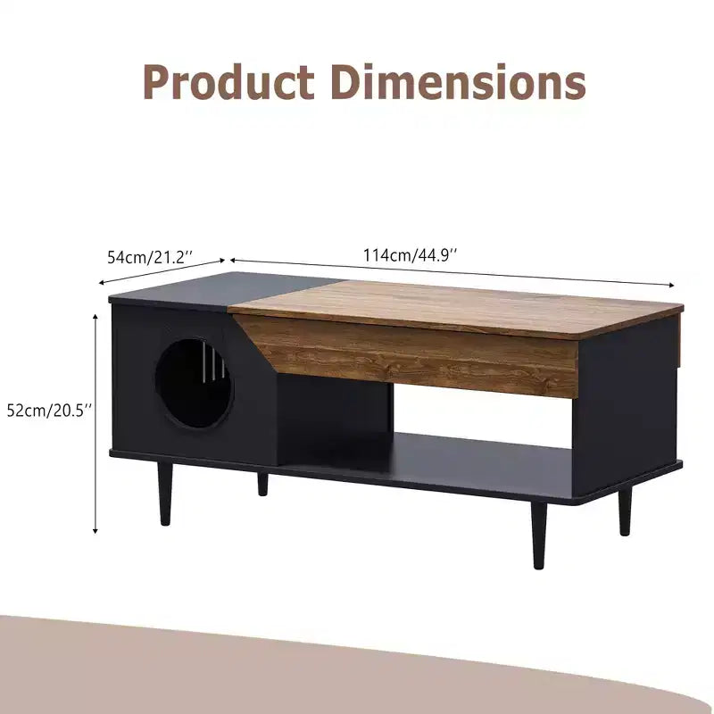 TROPOW 45'' Black Coffee Table Cat Tables Living Room with Storage Drawer, Wooden Rustic Coffee Tables with Cat House