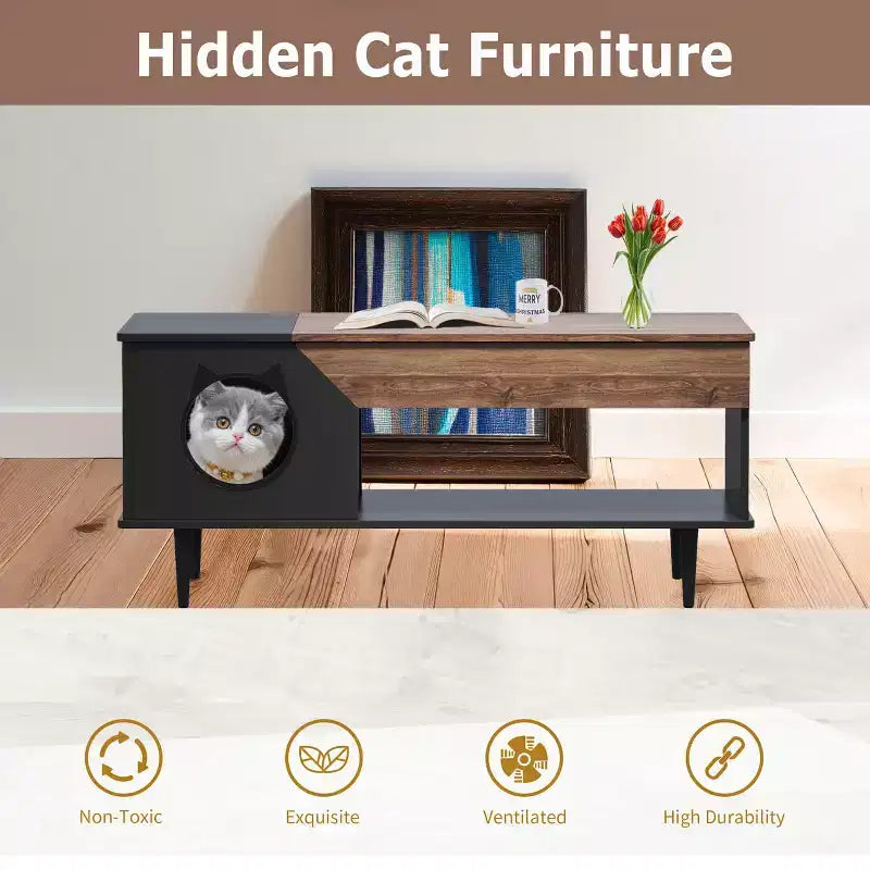 TROPOW 45'' Black Coffee Table Cat Tables Living Room with Storage Drawer, Wooden Rustic Coffee Tables with Cat House
