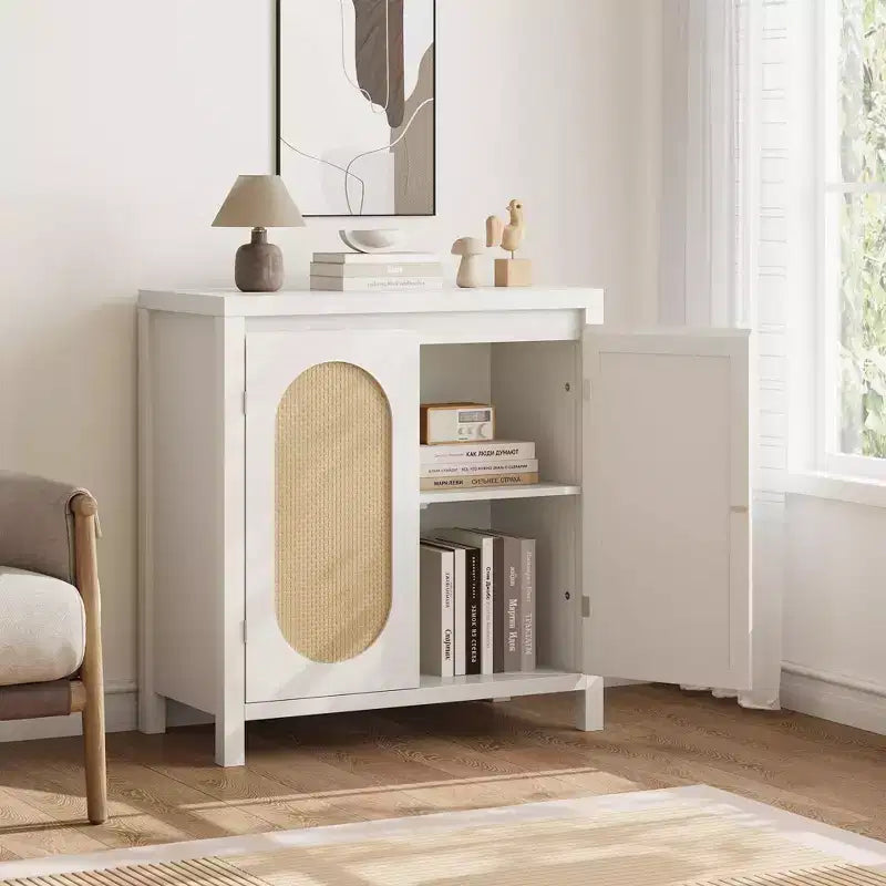 Coolmee Mid Century Sideboard Buffet - Retro Storage Cabinet with Rattan Doors & Adjustable Shelf, Accent Console for Living Room, Dining Room