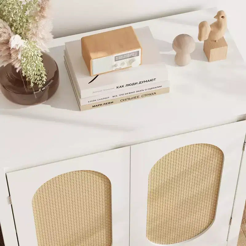 Coolmee Mid Century Sideboard Buffet - Retro Storage Cabinet with Rattan Doors & Adjustable Shelf, Accent Console for Living Room, Dining Room