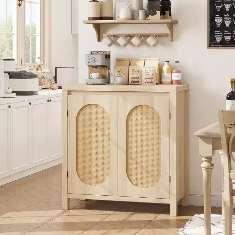 Coolmee Mid Century Sideboard Buffet - Retro Storage Cabinet with Rattan Doors & Adjustable Shelf, Accent Console for Living Room, Dining Room