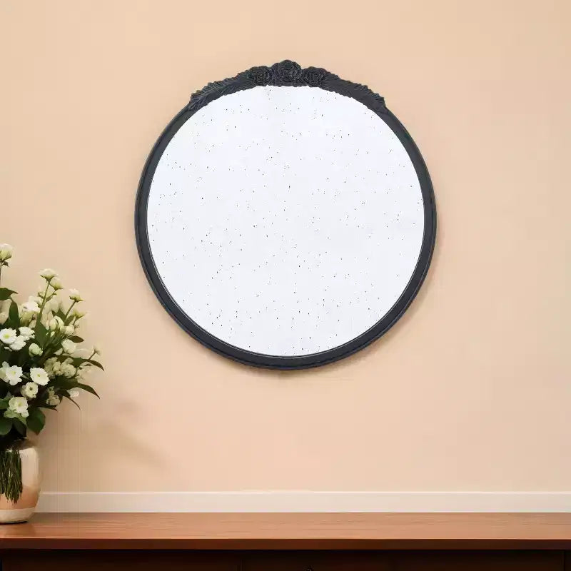 HomeRoots 30 Black Crowned Top Antiqued Glass Round Framed Accent Mirror