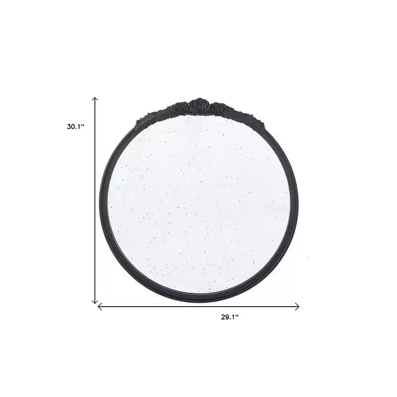 HomeRoots 30 Black Crowned Top Antiqued Glass Round Framed Accent Mirror