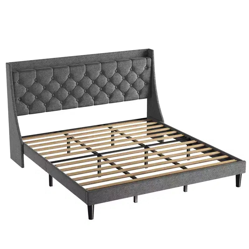 King Upholstered Bed Frame with Wingback Headboard, Linen Upholstery - Deep Button Tufted, Storage Shelf