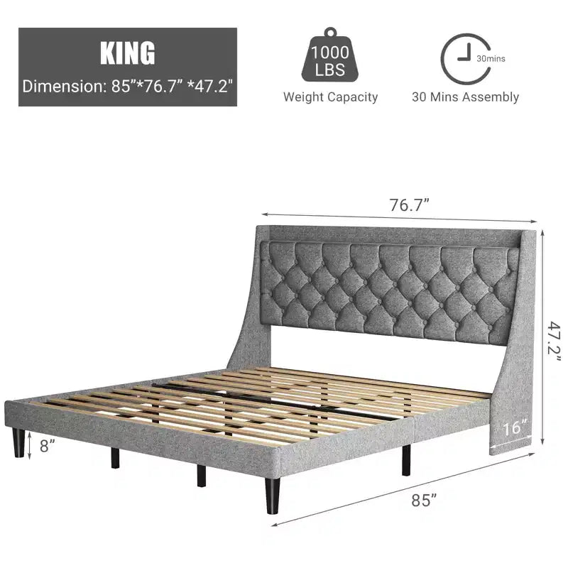 King Upholstered Bed Frame with Wingback Headboard, Linen Upholstery - Deep Button Tufted, Storage Shelf