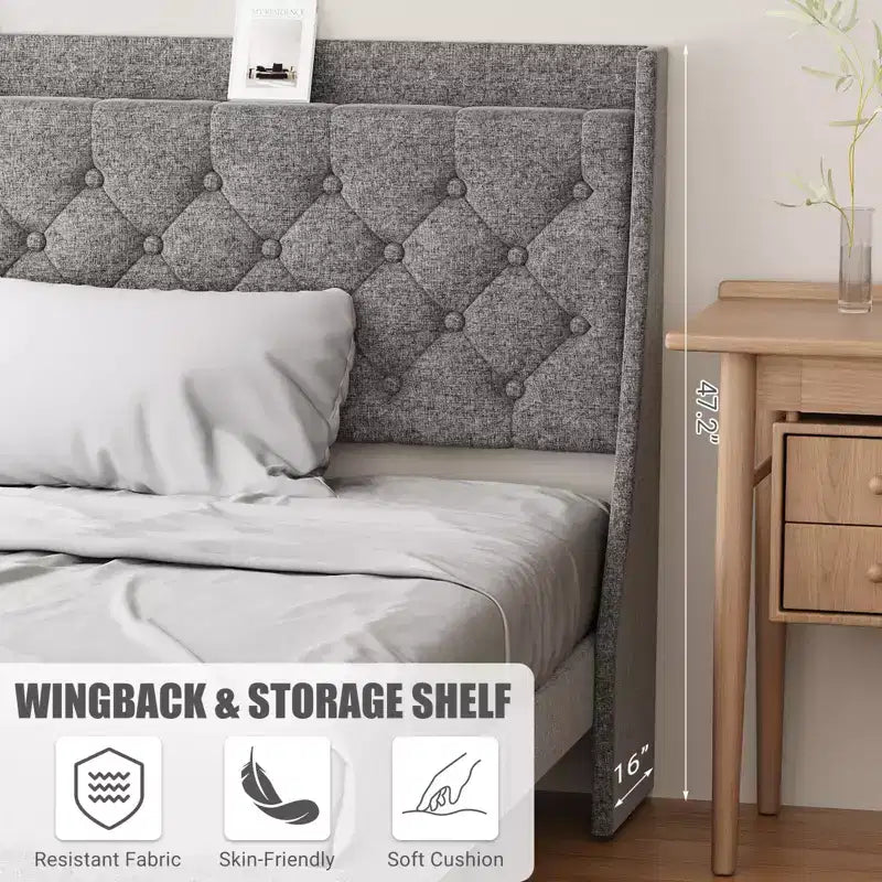 King Upholstered Bed Frame with Wingback Headboard, Linen Upholstery - Deep Button Tufted, Storage Shelf