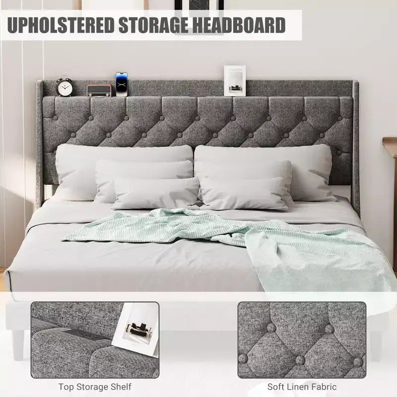 King Upholstered Bed Frame with Wingback Headboard, Linen Upholstery - Deep Button Tufted, Storage Shelf
