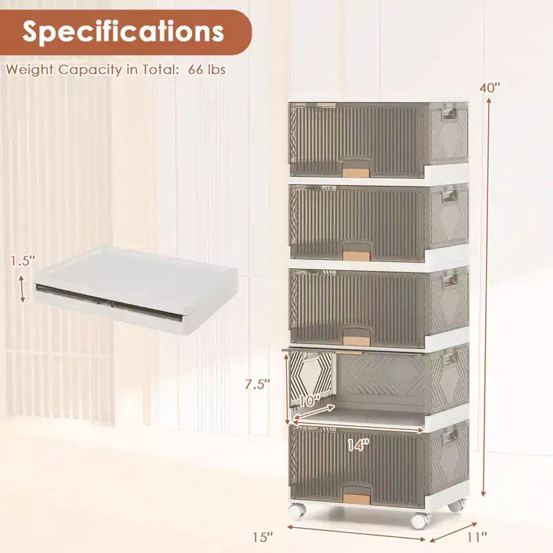 Costway 5-Cube Stackable Storage Bins with Detachable Wheels 22.5 Gal Large Organizer
