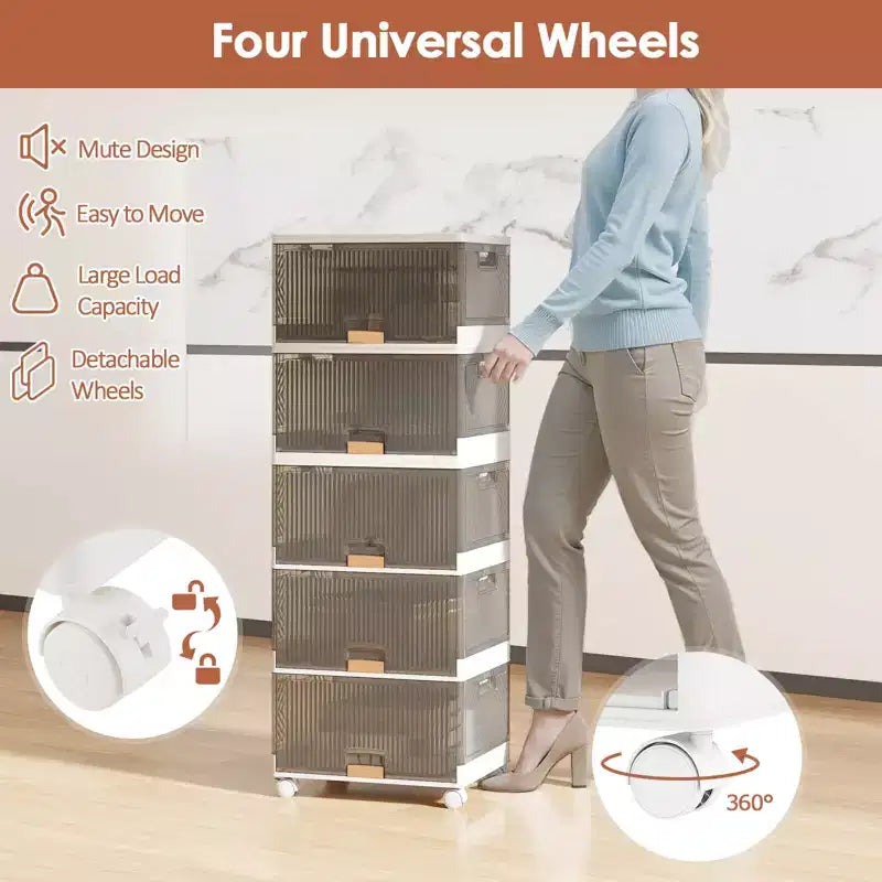 Costway 5-Cube Stackable Storage Bins with Detachable Wheels 22.5 Gal Large Organizer