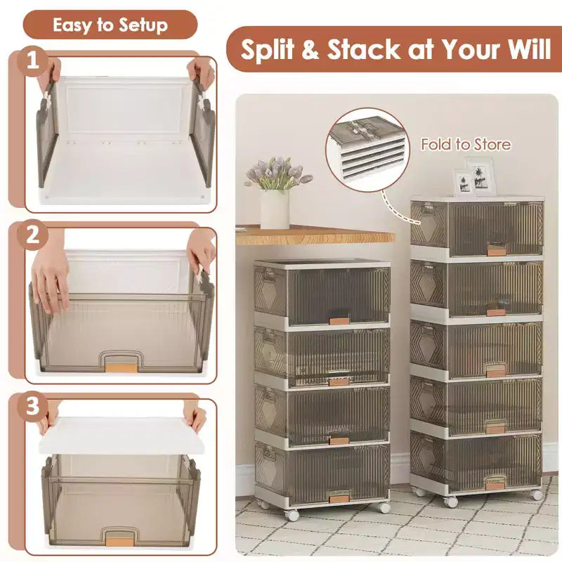Costway 5-Cube Stackable Storage Bins with Detachable Wheels 22.5 Gal Large Organizer