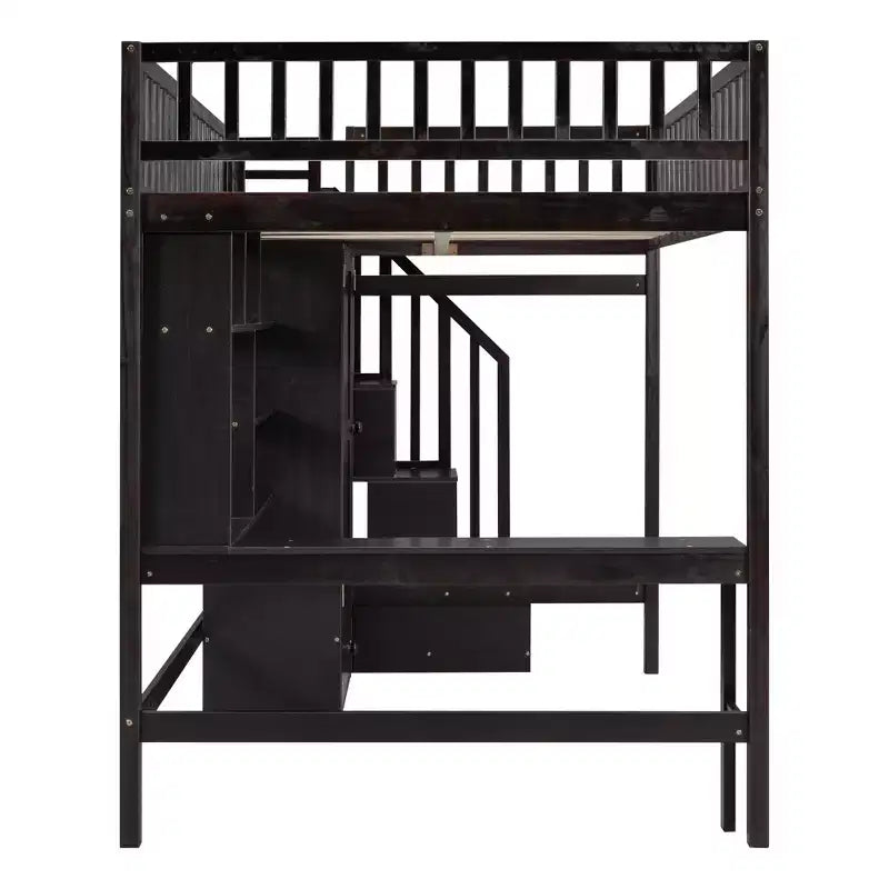 Full Size Loft Bed with Wardrobe and Built-in Desk, Solid Wood High Staircase Loft Bed Frame with Storage Bookshelf for Kids