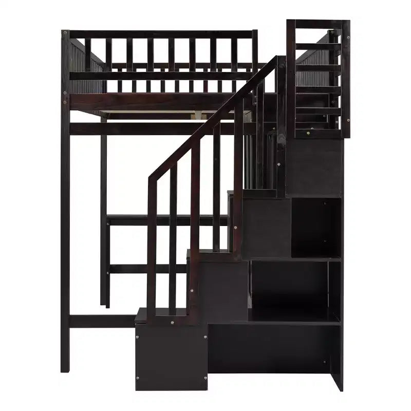 Full Size Loft Bed with Wardrobe and Built-in Desk, Solid Wood High Staircase Loft Bed Frame with Storage Bookshelf for Kids