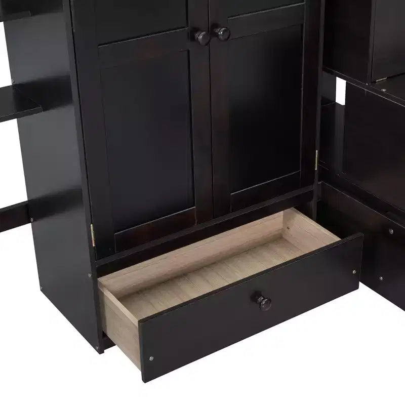 Full Size Loft Bed with Wardrobe and Built-in Desk, Solid Wood High Staircase Loft Bed Frame with Storage Bookshelf for Kids