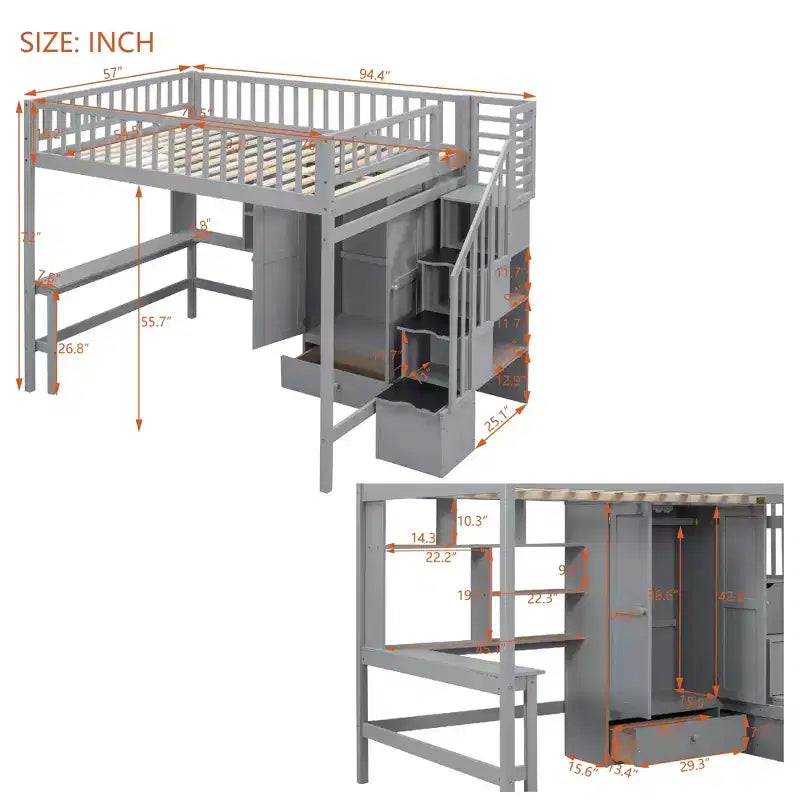 Full Size Loft Bed with Wardrobe and Built-in Desk, Solid Wood High Staircase Loft Bed Frame with Storage Bookshelf for Kids
