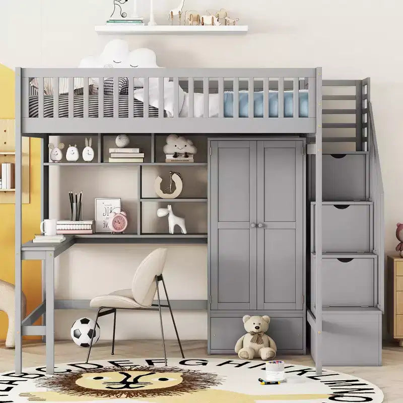 Full Size Loft Bed with Wardrobe and Built-in Desk, Solid Wood High Staircase Loft Bed Frame with Storage Bookshelf for Kids