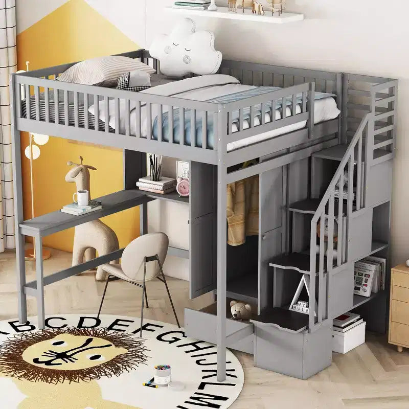 Full Size Loft Bed with Wardrobe and Built-in Desk, Solid Wood High Staircase Loft Bed Frame with Storage Bookshelf for Kids