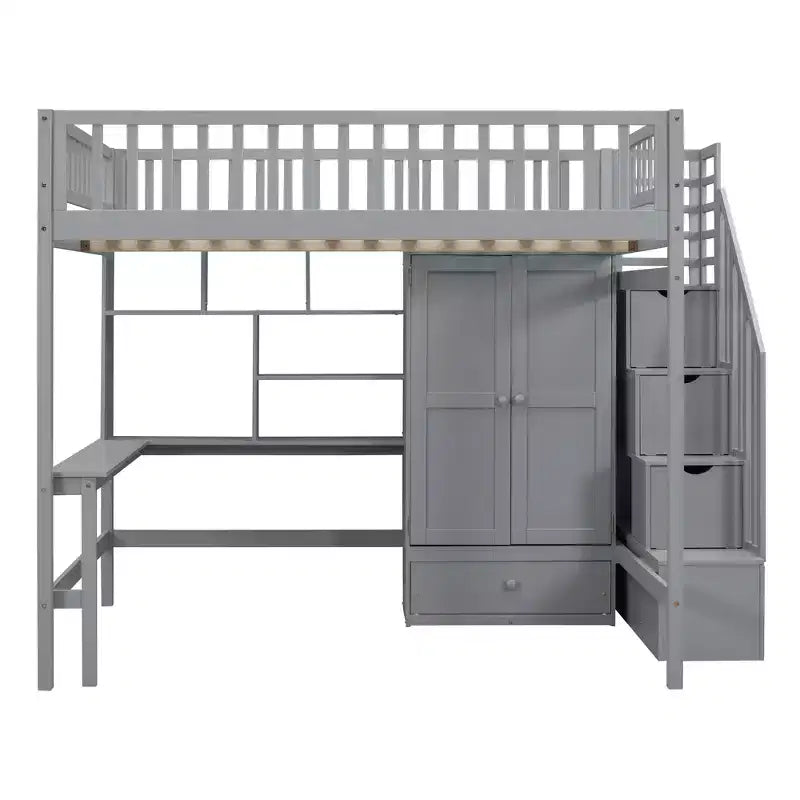 Full Size Loft Bed with Wardrobe and Built-in Desk, Solid Wood High Staircase Loft Bed Frame with Storage Bookshelf for Kids