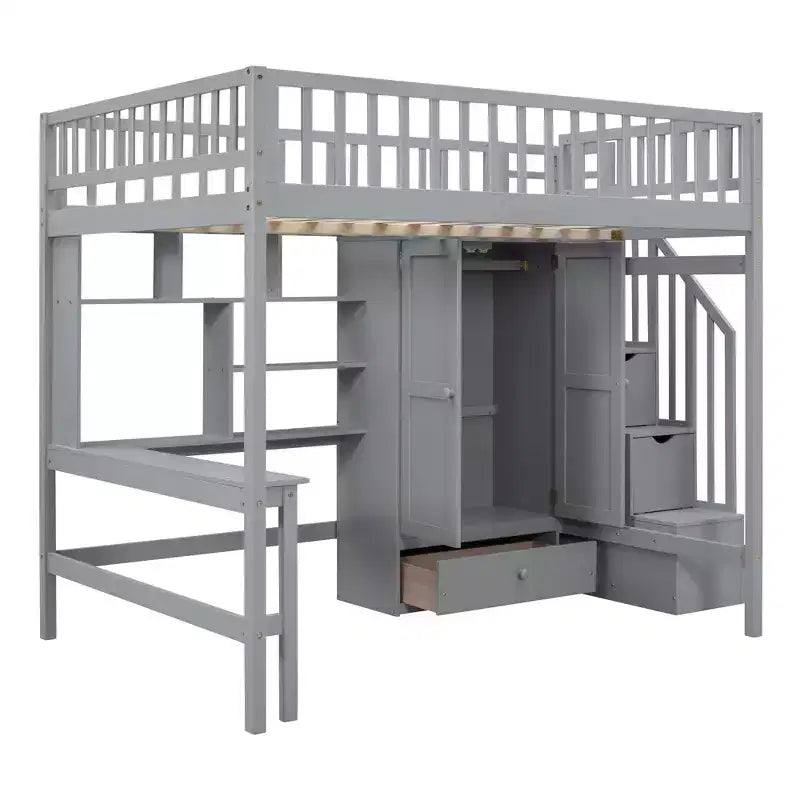 Full Size Loft Bed with Wardrobe and Built-in Desk, Solid Wood High Staircase Loft Bed Frame with Storage Bookshelf for Kids