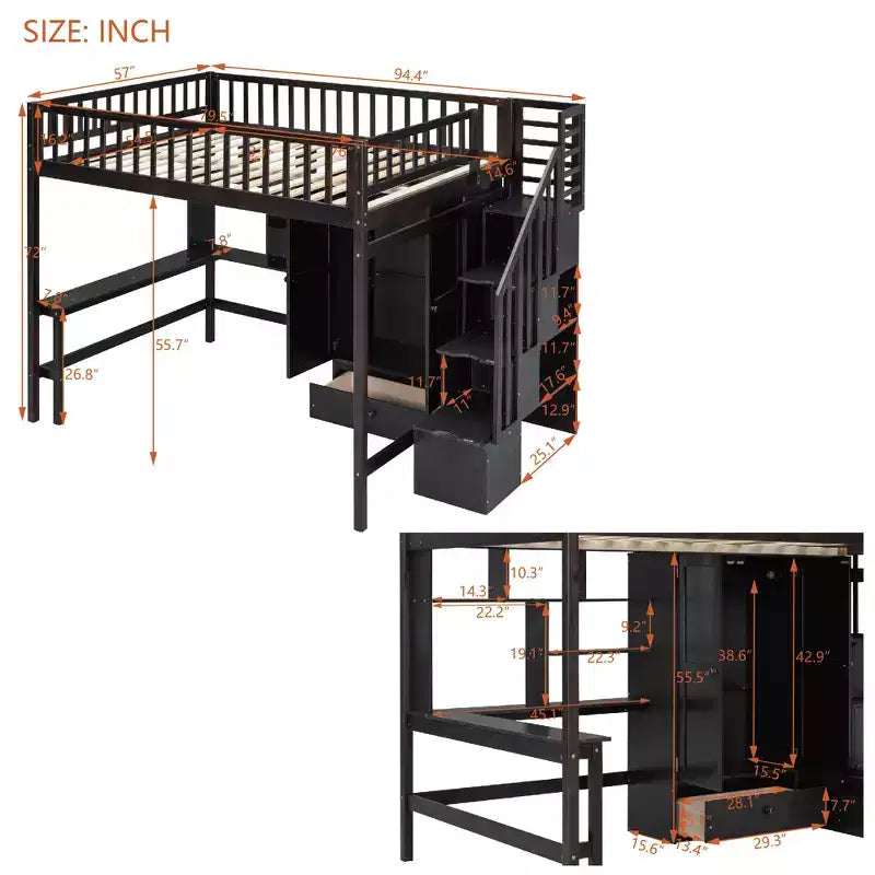 Full Size Loft Bed with Wardrobe and Built-in Desk, Solid Wood High Staircase Loft Bed Frame with Storage Bookshelf for Kids