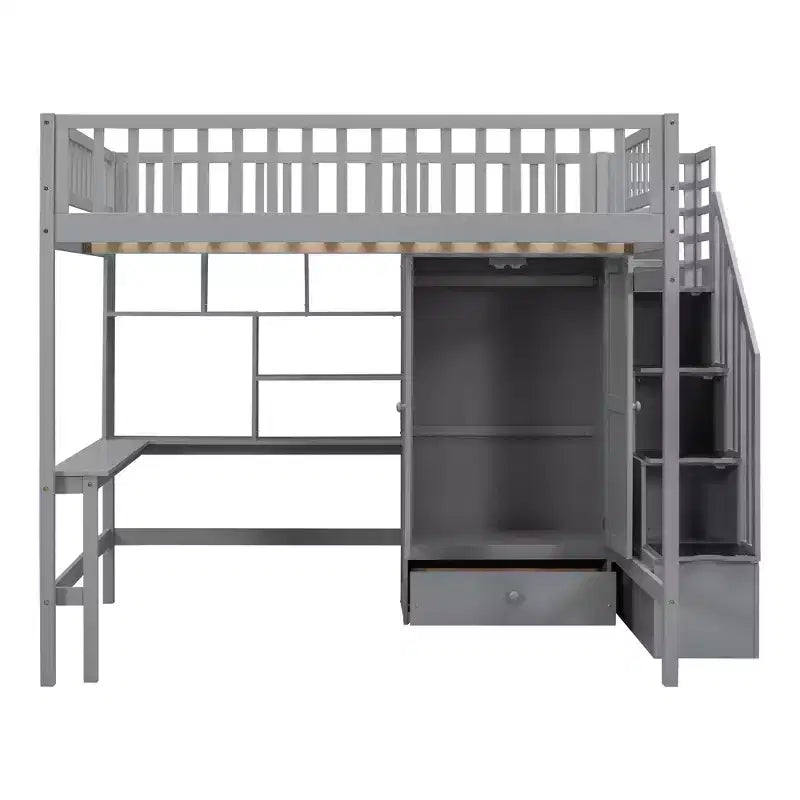 Full Size Loft Bed with Wardrobe and Built-in Desk, Solid Wood High Staircase Loft Bed Frame with Storage Bookshelf for Kids