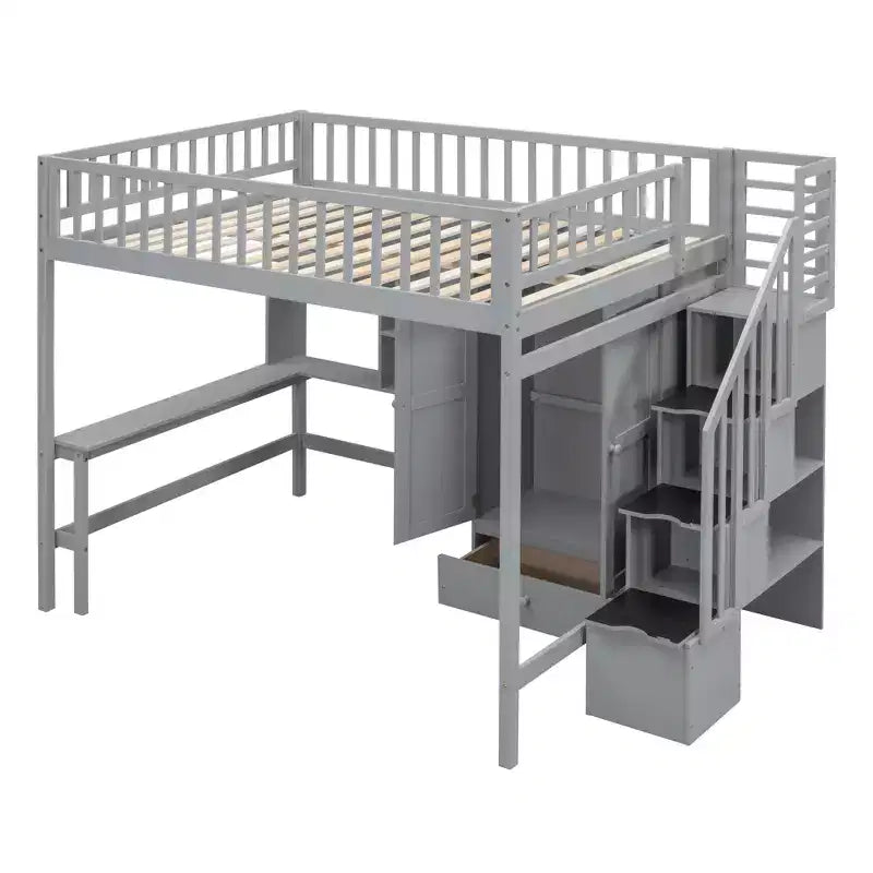 Full Size Loft Bed with Wardrobe and Built-in Desk, Solid Wood High Staircase Loft Bed Frame with Storage Bookshelf for Kids