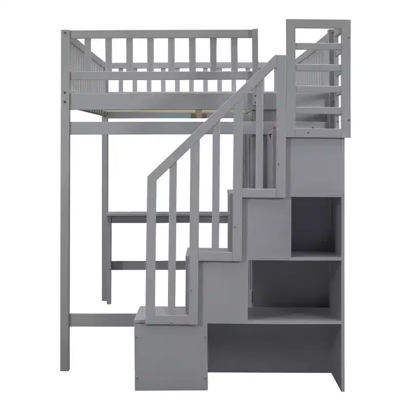 Full Size Loft Bed with Wardrobe and Built-in Desk, Solid Wood High Staircase Loft Bed Frame with Storage Bookshelf for Kids