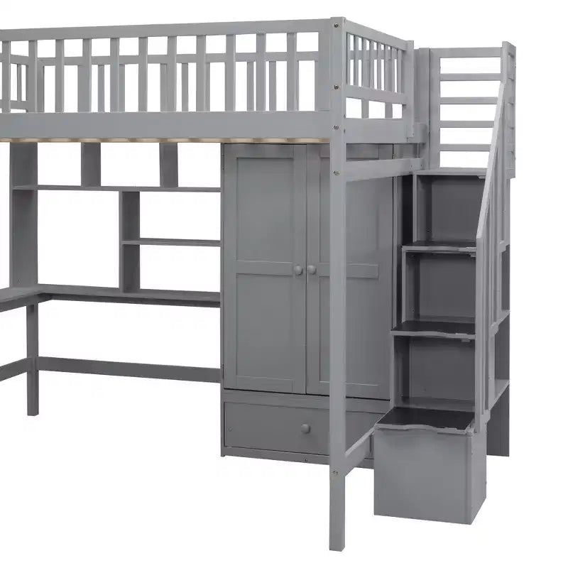 Full Size Loft Bed with Wardrobe and Built-in Desk, Solid Wood High Staircase Loft Bed Frame with Storage Bookshelf for Kids