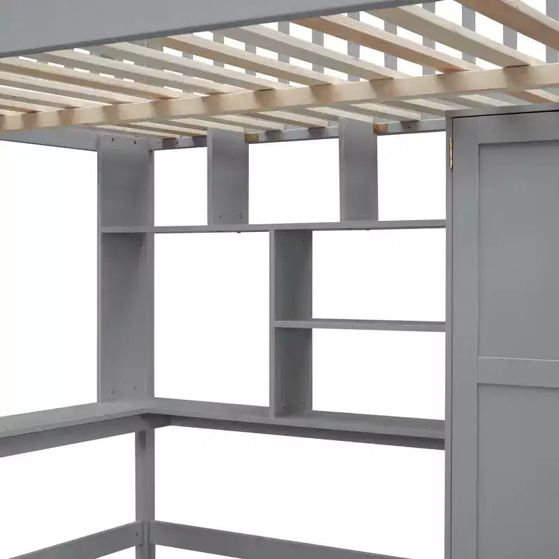 Full Size Loft Bed with Wardrobe and Built-in Desk, Solid Wood High Staircase Loft Bed Frame with Storage Bookshelf for Kids