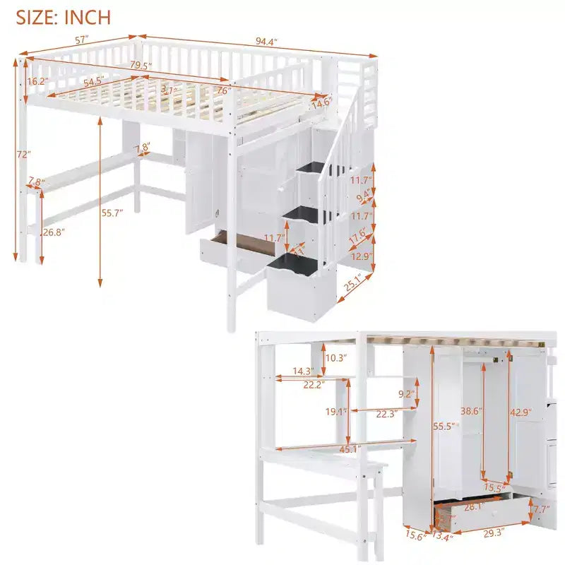 Full Size Loft Bed with Wardrobe and Built-in Desk, Solid Wood High Staircase Loft Bed Frame with Storage Bookshelf for Kids