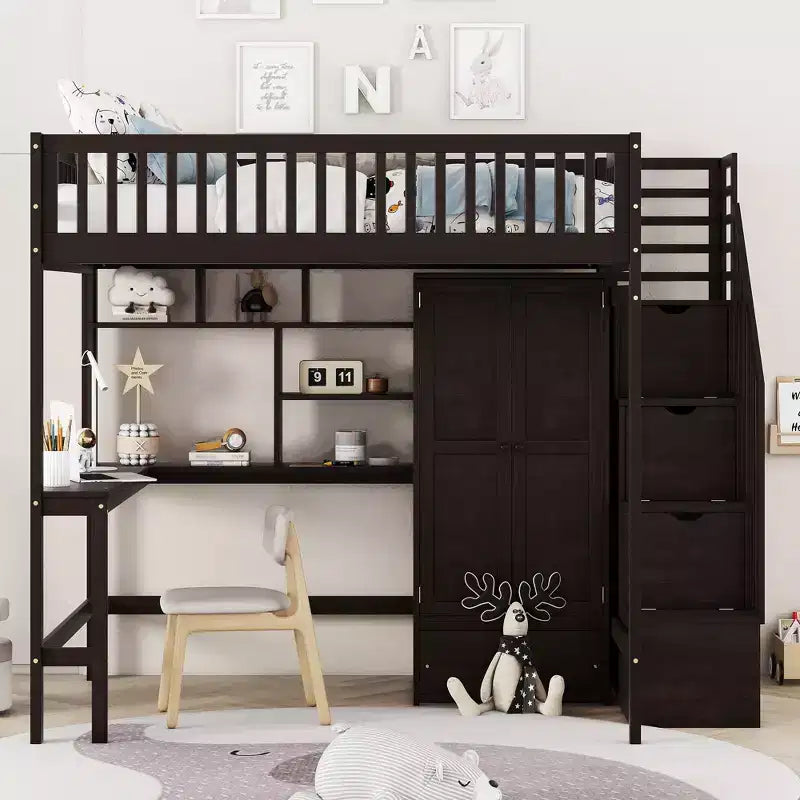 Full Size Loft Bed with Wardrobe and Built-in Desk, Solid Wood High Staircase Loft Bed Frame with Storage Bookshelf for Kids