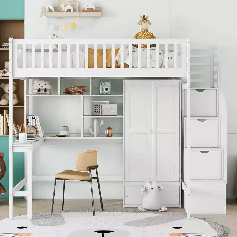 Full Size Loft Bed with Wardrobe and Built-in Desk, Solid Wood High Staircase Loft Bed Frame with Storage Bookshelf for Kids