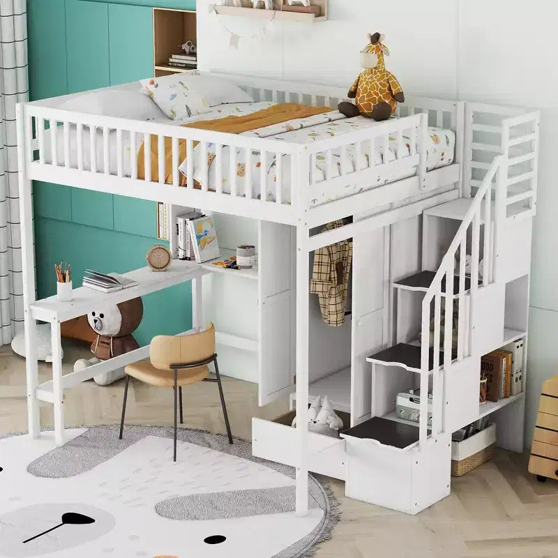 Full Size Loft Bed with Wardrobe and Built-in Desk, Solid Wood High Staircase Loft Bed Frame with Storage Bookshelf for Kids